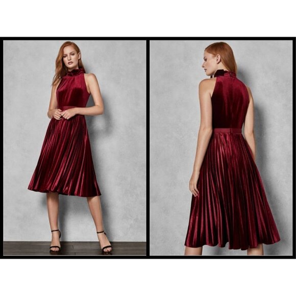 💕TED BAKER💕 Cornela Pleated Velvet Midi Dress ~ Oxblood TB4 US 10 NWT - Picture 5 of 17